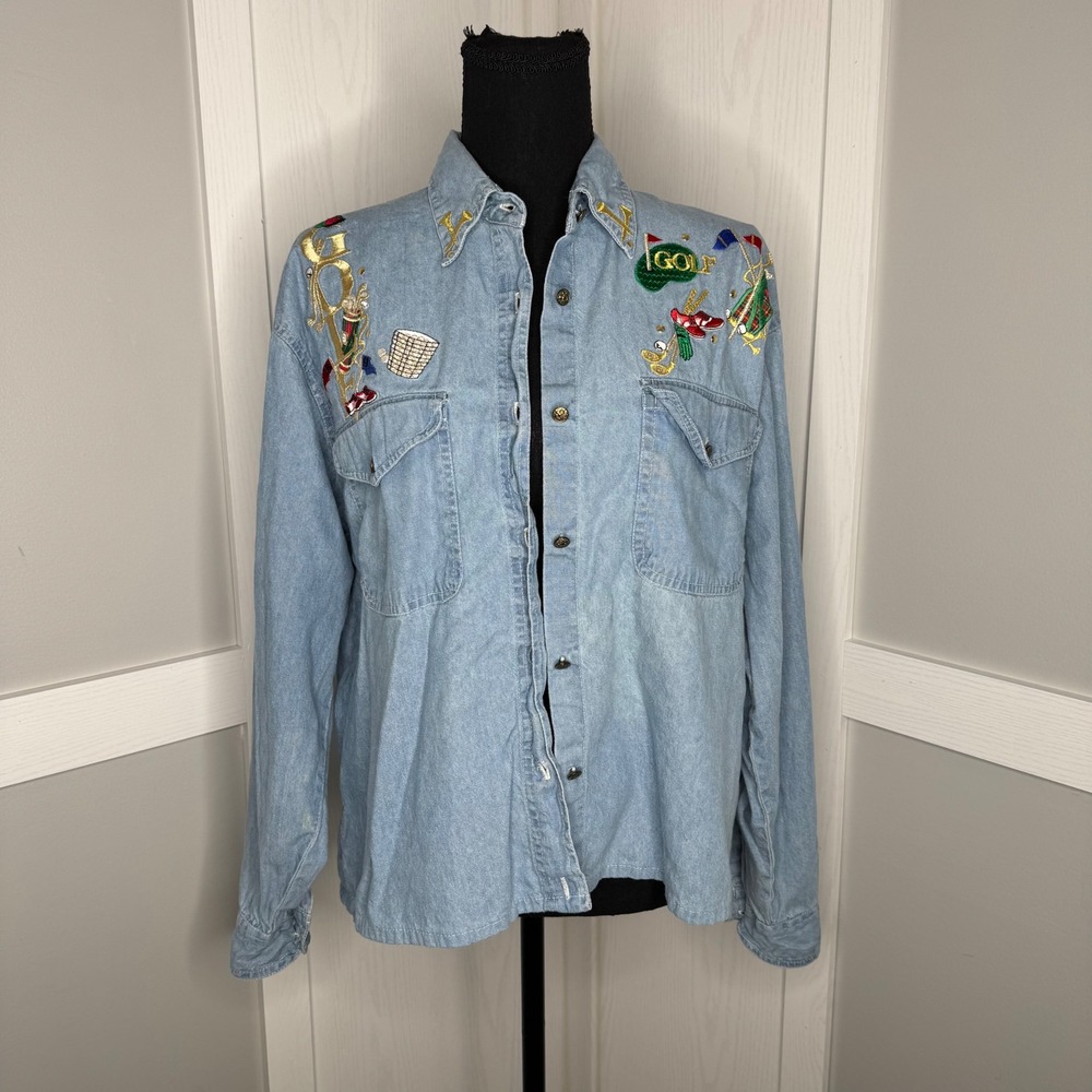 Tia Designs Denim Shirt Womens Medium Blue Golf Embroidered Vintage Button Up
